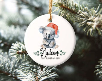 Personalized Aussie Animal Keepsake Xmas Tree Bauble, Koala Personalised First Christmas Ornament Gift, First Christmas New Baby Name Gift.