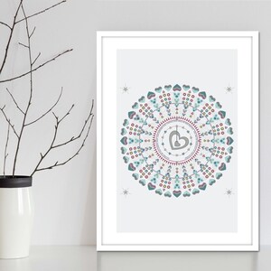 Mothers Day Ideas. Folk art mandala features 365 hearts and inspiring Mums Day quote. Wall art print with a heart  for each day of the year.