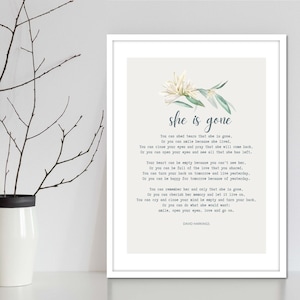 Remembrance Gift & Sympathy Quote She Is Gone By David Harkings, Comforting Bereavement Memorial Wall Art Remembrance Print Memorial Poster