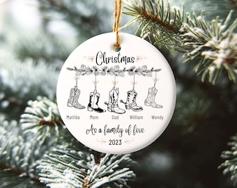Cowboy Christmas Family Five Custom Name Ornament Keepsake Gift, Personalized First Christmas As Family Of 5, Western Christmas Family Names