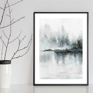 Misty mountain watercolour in deep indigo ink tones.  Modern watery Japanese indigo blue ink landscape art print. Modern blue wall decor.