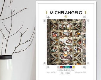 Moderne Michelangelo kunstprint voor aan de muur in typografische stijl met de door Michelangelo gebruikte pigmenttonen. Posterafbeeldingen in een trending art.