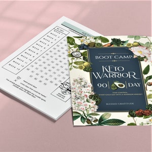 May include: A blue and white printable keto warrior boot camp planner with a 90-day countdown. The planner features a floral design with a variety of fruits and vegetables. The text "Take control. Start each day with a warrior mindset." is printed on the planner.