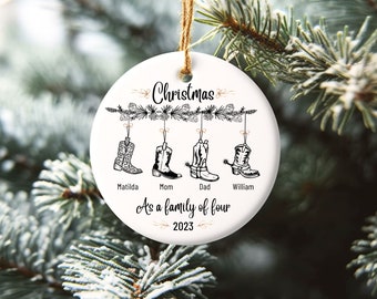 Cowboy Christmas Family Four Custom Name Ornament Keepsake Gift, Personalized First Christmas As Family Of 4, Western Christmas Family Names