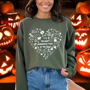 It&#39;s The Most Wonderful Time Of The Year Sweatshirt Gift, Halloween Witches Pumpkin Ghosts Spooky Season Spider, Creepy Icons Heart Graphic