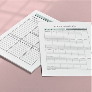 May include: A printable food journal with sections for breakfast, lunch, dinner, and snacks. Each section has columns for quantity, carbs, fats, protein, calories, and notes. The journal also includes a section for a grocery list with categories for produce, frozen foods, condiments, pantry, and dairy.