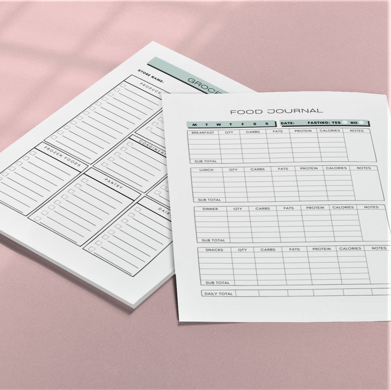May include: A printable food journal with sections for breakfast, lunch, dinner, and snacks. Each section has columns for quantity, carbs, fats, protein, calories, and notes. The journal also includes a section for a grocery list with categories for produce, frozen foods, condiments, pantry, and dairy.