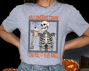 Halloween Coffee Skeleton Mom Tshirt, Funny Halloween Is Coming Retro Vibe T Shirt, Crewneck Spooky Season Trick Treat Costume Gift T-Shirt