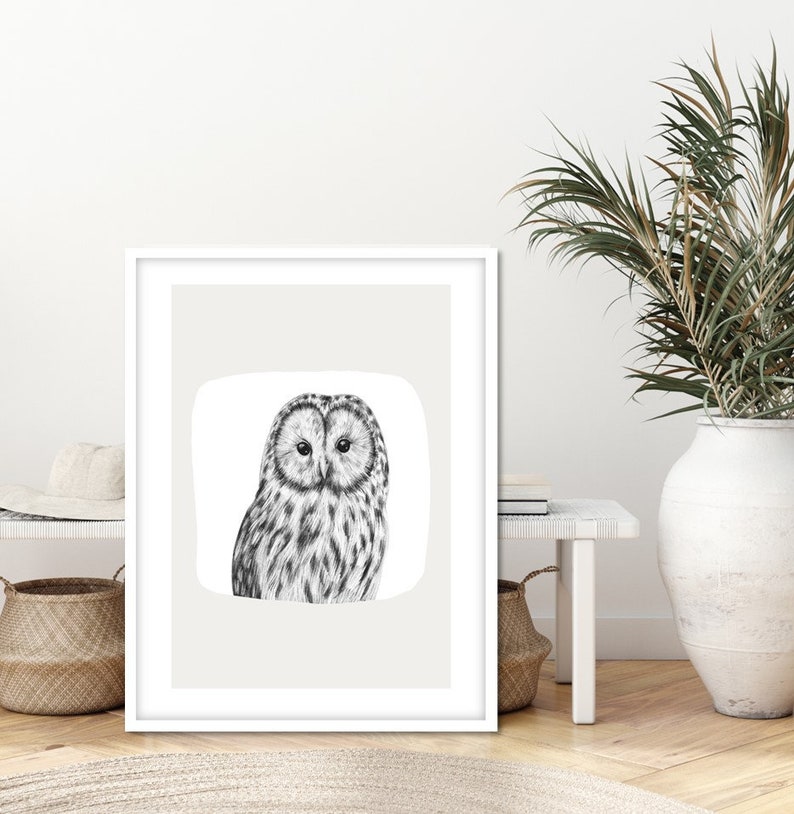 Adorable hand drawn baby owl nursery print One of a mix and match print series of baby animals and iconic design colour backgrounds.
