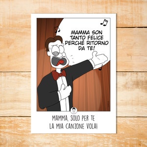 Biglietto per festa della mamma, festa della nonna, mother's day, illustrazione comica a fumetti, canzone serenata tenore, download digitale
