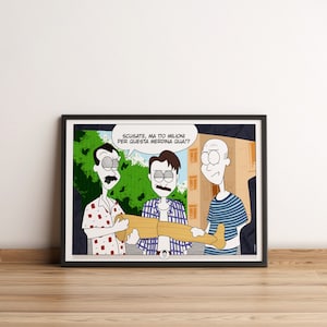 Scena film Aldo Giovanni e Giacomo, poster a fumetto Tre uomini e una gamba, illustrazione per decorazione casa e stanza, download digitale