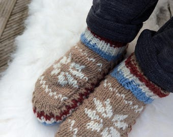 Snowflake Hand-Knitted Wool Slipper Socks with Fleece Lining