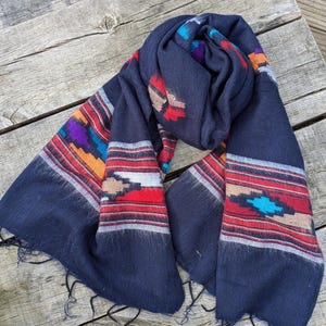 Nepalese Dhaka Weave Shawl | Navajo-Inspired Santa Fe Navy Wrap