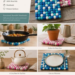 Felt Ball Trivet Mat | Handmade Wool Pan Rest | Colourful Boho Kitchen Decor | Tea Pot Stand | Fair Trade Nepal