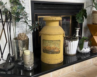 Antique Large Mustard colored Milk Can Milk Churn with Sailing Ship and Steam Train Folk Art Painted  Motif...