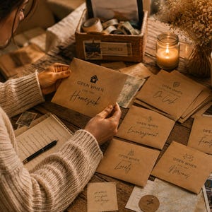 May include: A collection of light brown kraft paper envelopes, each printed with the text 'OPEN WHEN' followed by specific emotional prompts like 'Homesick', 'On Cash', 'Encouragement', 'Family Photo', 'Lonely', and 'Nervous', featuring small icons.