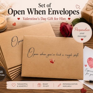 May include: A set of brown kraft paper envelopes with black cursive text reading Open when you've had a rough shift. The envelopes are C5 size, measuring 162 x 229 mm. The set includes a white card with a watercolour heart and text reading Especially for you.