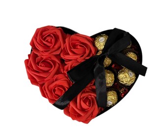 Ferrero Rocher Chocolates and Red Roses in Heart Shaped Box, Be Mine, I Love You, Special Valentine's Day Gift, Luxurious Gift Box