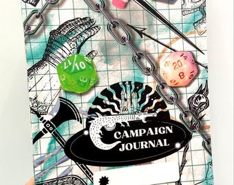 May include: A black and white illustration of a dragon with the text "Campaign Journal" on a black background. The journal cover has a grid pattern with a chain, a pencil, and several dice in different colors.
