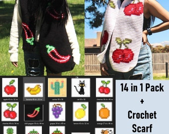 Crochet Scarf with 14 Prints (Cat, Dog, Cherry, Strawberry, etc.)