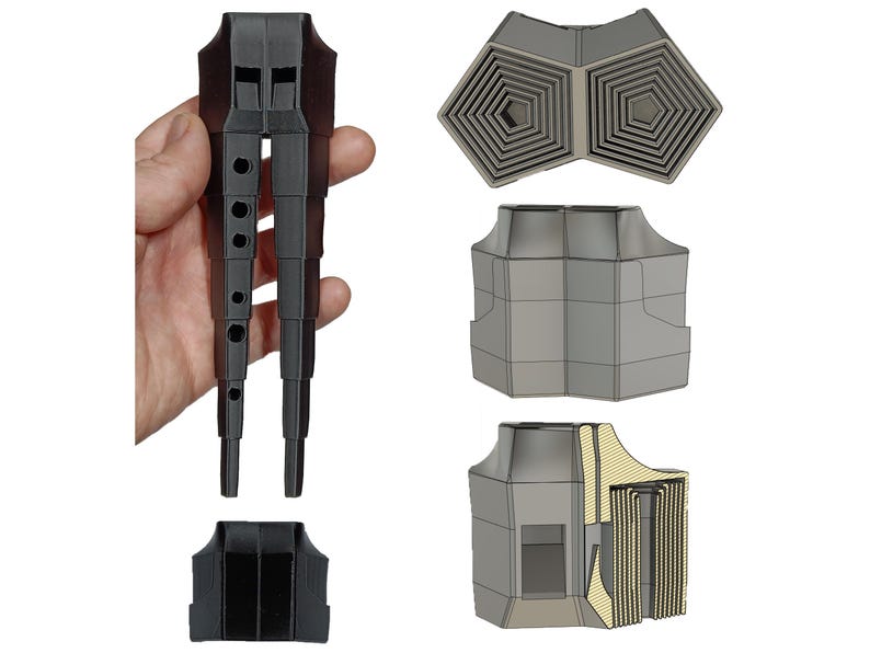 May include: A black plastic flute with a series of holes and a mouthpiece. The flute is made up of several sections that can be assembled together. The flute is shown in a disassembled state, with the sections laid out in a row. The flute is also shown in an assembled state, with the sections joined together. The flute is shown in a cutaway view, with the interior of the flute visible. The flute is shown in a 3D model, with the sections of the flute shown in different colors.