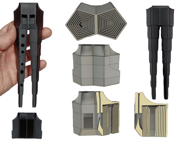 May include: A black 3D printed model of a collapsible chair. The chair is shown in different stages of assembly, with the final assembled chair on the right. The chair is made of multiple interlocking pieces that can be easily assembled and disassembled.