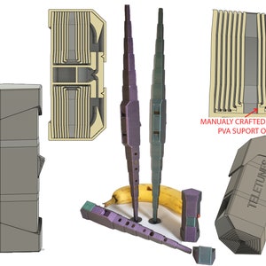Puede incluir: Un instrumento musical impreso en 3D llamado "TeleTunes" en gris y morado. El instrumento está hecho de varias piezas que se pueden ensamblar y desmontar. La imagen muestra el instrumento en su forma ensamblada, así como las piezas individuales. El instrumento está diseñado para ser tocado soplando en la boquilla y presionando las teclas.