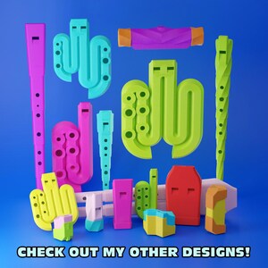 May include: A collection of colorful 3D printed whistles in various shapes and sizes. The whistles are made of plastic and have a variety of colors, including green, blue, pink, yellow, and red.  The whistles are arranged in a random pattern on a blue background.  CHECK OUT MY OTHER DESIGNS!