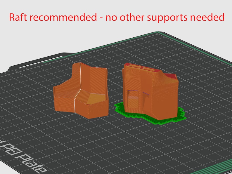 May include: Two 3D printed objects, one with a rectangular shape and the other with a more complex shape, are shown on a black and green grid surface. The text "Raft recommended - no other supports needed" is displayed above the objects.