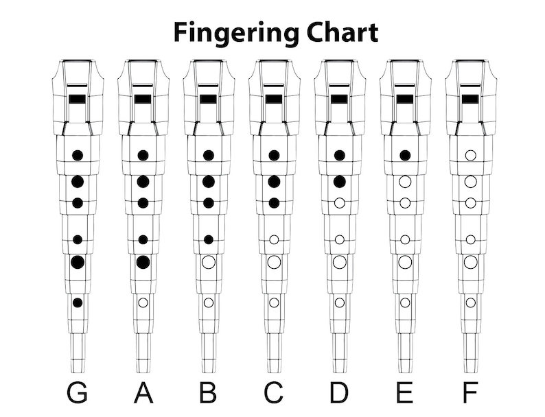 May include: A black and white fingering chart for a recorder or flute. The chart shows the finger positions for the notes G, A, B, C, D, E, and F.