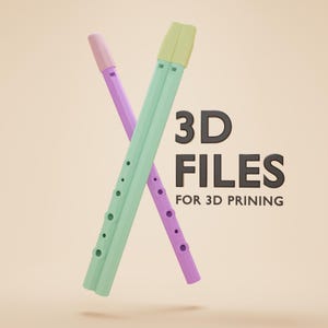 May include: Two 3D printed flutes, one green and one purple, are crossed in an X shape. The text "3D FILES FOR 3D PRINTING" is below the flutes.