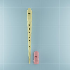May include: A light yellow recorder with black finger holes and a separate pink whistle. The recorder is vertical, and the whistle is positioned to the right. The background is a light blue grid.