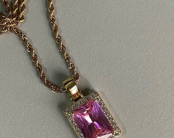 18k Pink Gem Necklace, Gemstone necklace, Rose quarters, Rose Quartz pendant necklace, Pink gemstone jewellery, July birthday gift.