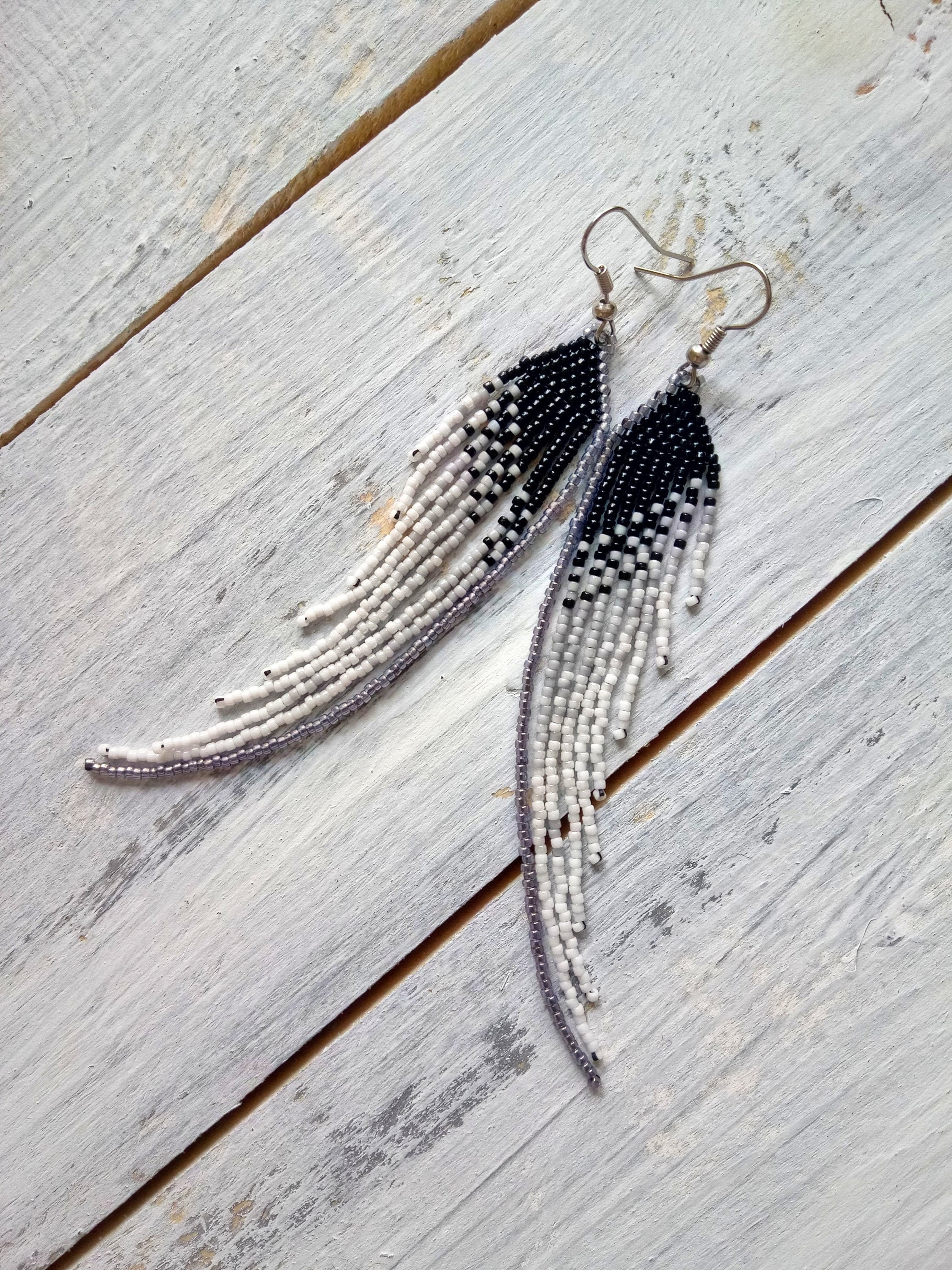 Black earrings Angel wings Seed Bead Earrings Fringe Etsy