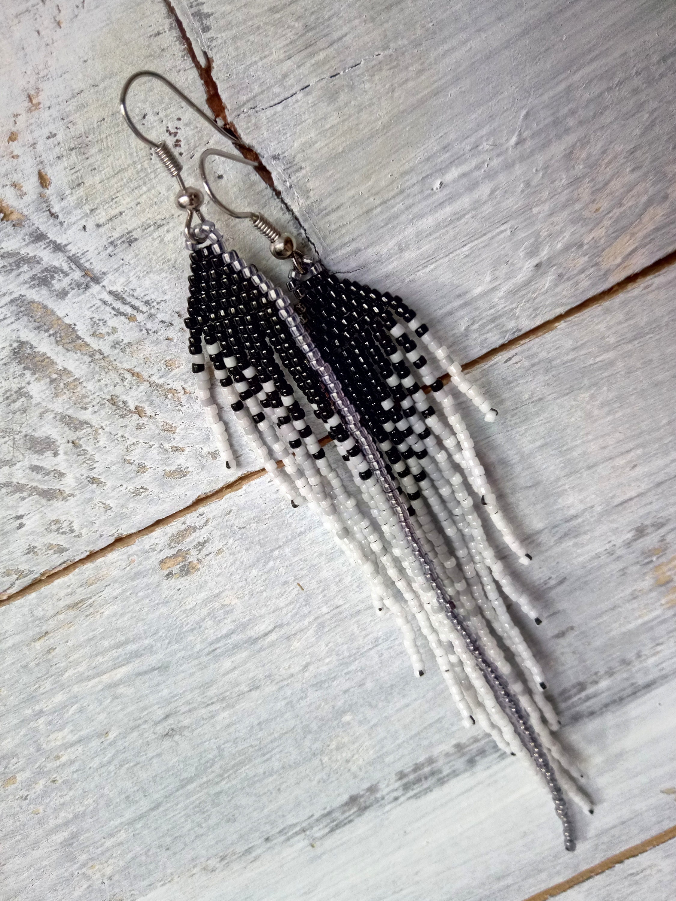 Black earrings Angel wings Seed Bead Earrings Fringe Etsy