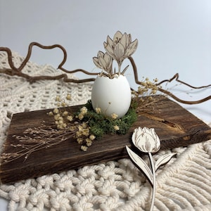 Könnte beinhalten: Eine weiße Eierschale mit einem kleinen Bett aus Moos und getrockneten Blumen. Zwei weiße Holz-Krokusblüten werden in die Eierschale gelegt. Eine weiße Holz-Tulpenblüte liegt auf einem Holzbrett.