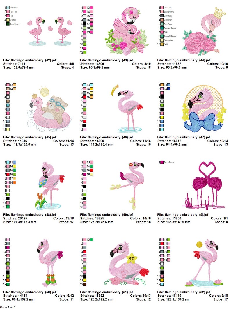 Puede incluir: Un conjunto de 10 dise&ntilde;os de bordado que representan flamencos rosas en varias poses. Los dise&ntilde;os incluyen un flamenco con una corona, un flamenco con un osito de peluche, un flamenco con un lazo, un flamenco con un coraz&oacute;n y un flamenco con una estrella. Los dise&ntilde;os son perfectos para a&ntilde;adir un toque de fantas&iacute;a a tus proyectos.