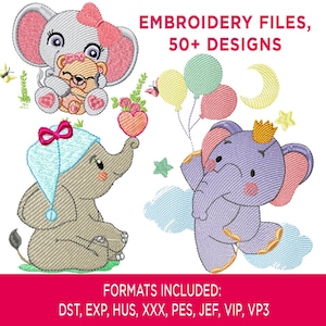 Pode incluir: Um conjunto de mais de 50 desenhos de bordado com adoráveis elefantes de desenhos animados em várias poses. Os desenhos incluem um elefante segurando um coração, um elefante com balões e um elefante com uma coroa. Os desenhos estão disponíveis nos seguintes formatos: DST, EXP, HUS, XXX, PES, JEF, VIP, VP3.