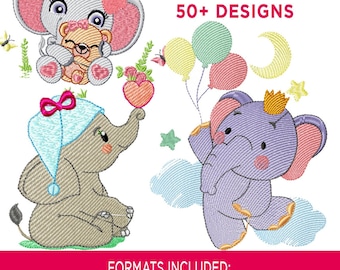 Archivos de bordado, más de 50 diseños, diseño de bordado de elefantes, máquina de diseño de bordado de bebé de bordado de máquina de apliques, descarga instantánea