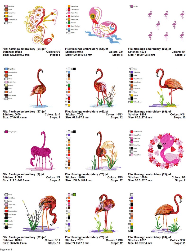 Puede incluir: Un conjunto de 10 dise&ntilde;os de bordado que representan flamencos rosas en varias poses. Los dise&ntilde;os incluyen un flamenco con una corona de flores, un flamenco de pie en el agua y un flamenco con la cabeza gacha. Los dise&ntilde;os son perfectos para crear proyectos de bordado &uacute;nicos y personalizados.