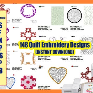 Pode incluir: Uma coleção de 148 desenhos de bordado para acolchoados para download instantâneo. Os desenhos são de vários estilos, incluindo corações, quadrados e círculos. Os desenhos estão disponíveis nos formatos PES, JEF, XXX, EXP, HUS, VIP e VP3.