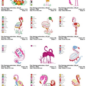 Puede incluir: Una colecci&oacute;n de 12 dise&ntilde;os de bordado con flamencos rosas en varias poses y estilos. Los dise&ntilde;os son coloridos e intrincados, con detalles como flores, hojas y agua.