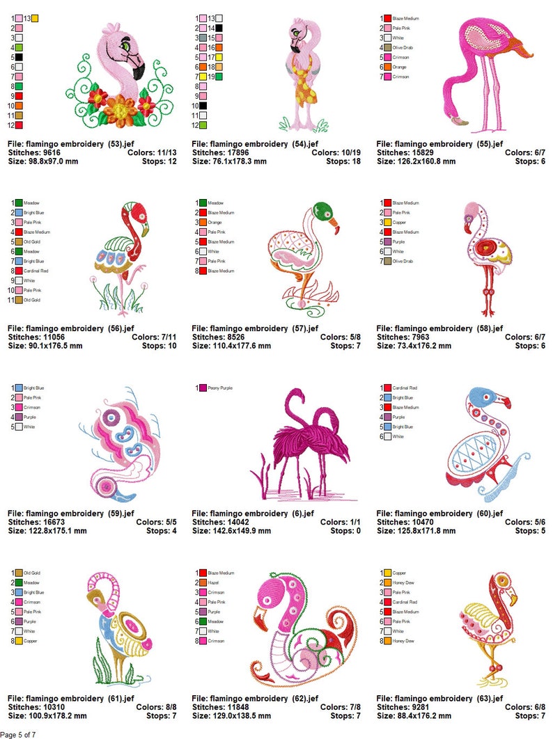 Puede incluir: Una colecci&oacute;n de 12 dise&ntilde;os de bordado con flamencos rosas en varias poses y estilos. Los dise&ntilde;os son coloridos e intrincados, con detalles como flores, hojas y agua.