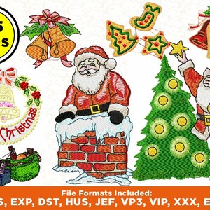 May include: A set of 165 Christmas embroidery designs featuring Santa Claus, a Christmas tree, a wreath, and bells. The designs are available in PES, EXP, DST, HUS, JEF, VP3, VIP, XXX, and EMD file formats.
