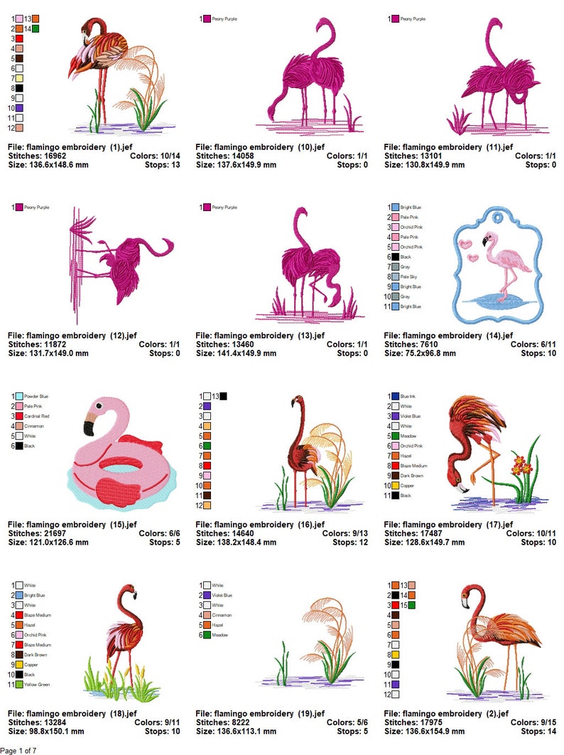 Puede incluir: Un conjunto de 10 dise&ntilde;os de bordado que representan flamencos rosas en varias poses. Los dise&ntilde;os incluyen flamencos de pie, nadando y volando. Los dise&ntilde;os son perfectos para agregar un toque de estilo tropical a tus proyectos.