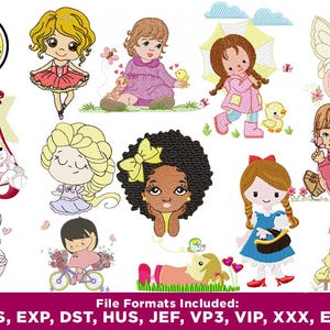 Może przedstawiać: Kolekcja 120 wzorów do haftu przedstawiających urocze dziewczynki w różnych pozach i strojach. Wzory są dostępne w wielu formatach plików, w tym PES, EXP, DST, HUS, JEF, VP3, VIP, XXX i EMD.