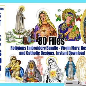 Può includere: Un pacchetto di ricamo digitale con vari disegni religiosi, tra cui immagini della Vergine Maria, rosari e altri simboli cattolici. L'immagine mostra il testo "80 Files" e "Religious Embroidery Bundle - Virgin Mary, Rosary, and Catholic Designs, Instant Download."