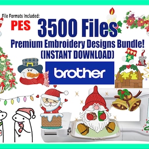 Op de afbeelding: Een verzameling van 3.500 borduurmotieven voor Kerstmis, waaronder een sneeuwpop, de kerstman, een kerstboom en een krans. De ontwerpen zijn direct te downloaden en compatibel met Brother naaimachines. Bestandsformaten inbegrepen: PES.