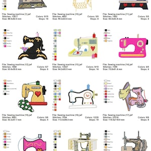 Pode incluir: Uma coleção de 10 desenhos de bordado com máquinas de costura vintage em várias cores e estilos. Os desenhos são perfeitos para criar projetos únicos e personalizados.