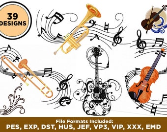 May include: A set of 39 embroidery designs featuring musical instruments, including a trumpet, trombone, guitar, and violin, all set against a background of musical notes. The file formats included are PES, EXP, DST, HUS, JEF, VP3, VIP, XXX, and EMD.